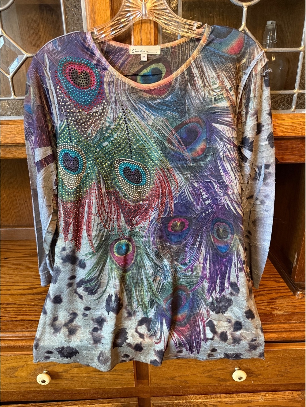 Cactus Peacock McBling Rhinestone Top Distressed Layered Long Sleeve Boho M